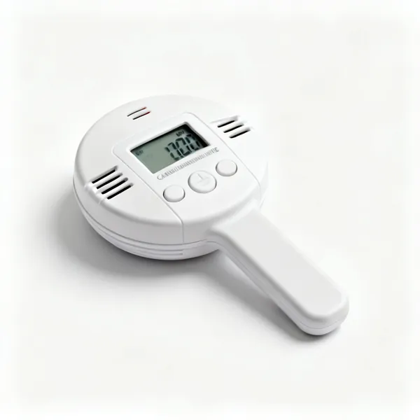 A white carbon monoxide alarm with a digital display