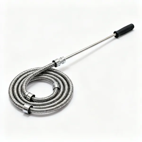 Flexible rods: A coil of flexible chimney sweeping rods with threaded connectors