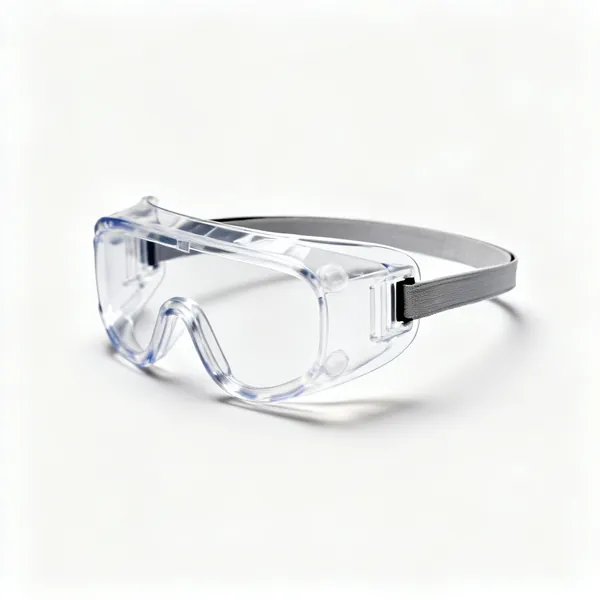 A pair of sealed clear safety goggles with a headband