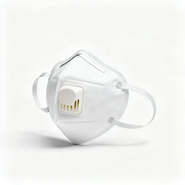 A white FFP3 respirator dust mask with two straps and a nose clip