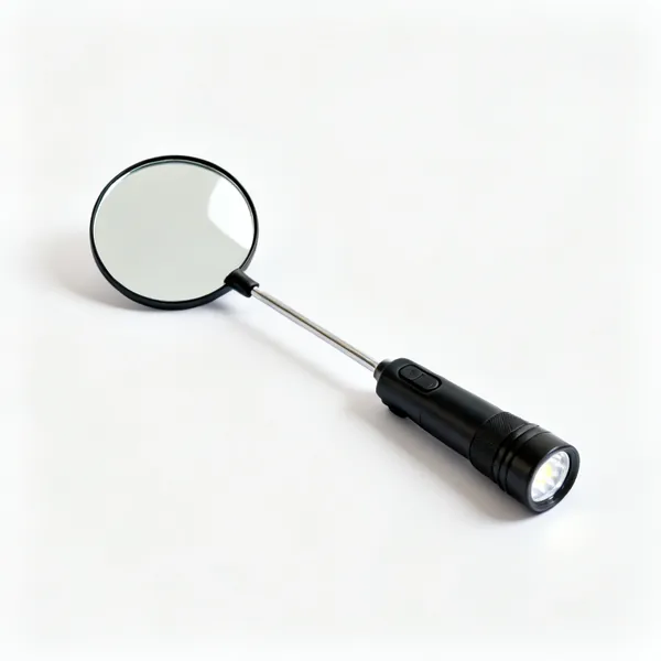 Inspection mirror and torch: An inspection mirror on a handle beside an LED torch