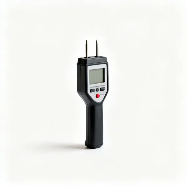 A handheld wood moisture meter with two pins and a display