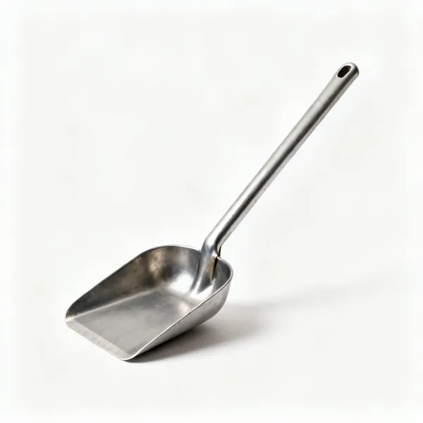 A small metal ash shovel with a long handle
