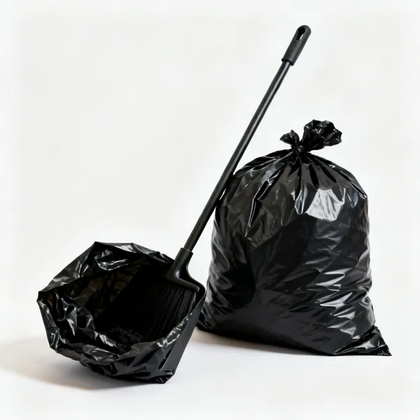 Soot bags: Two heavy black plastic soot sacks, one partly open