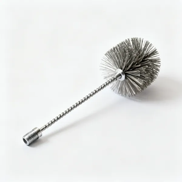 Steel wire brush: A round steel wire chimney sweeping brush head with a short threaded stub fitting, centred with clear space at every edge
