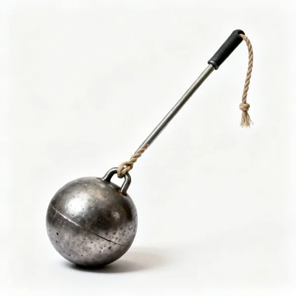 Chimney weight: A heavy steel chimney sweeping weight ball on a rope
