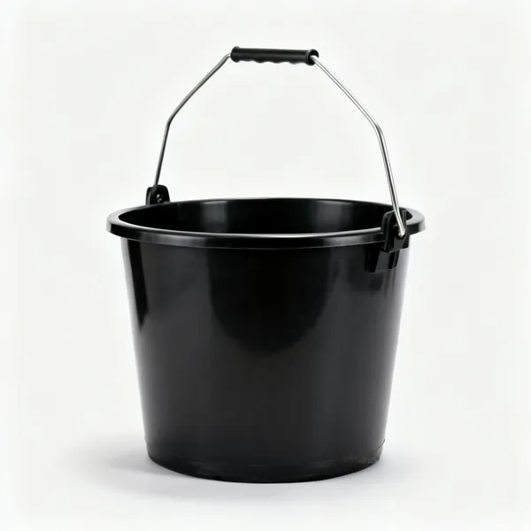 A black plastic builders bucket with a steel handle