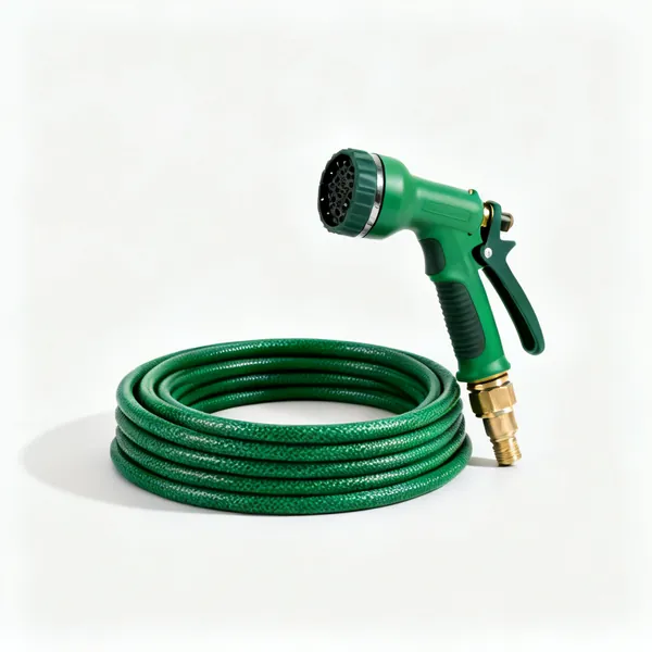 A coiled green garden hose with a brass connector