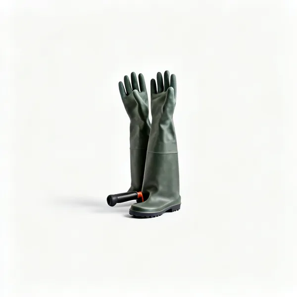 A pair of long cuffed heavy duty rubber gauntlet gloves