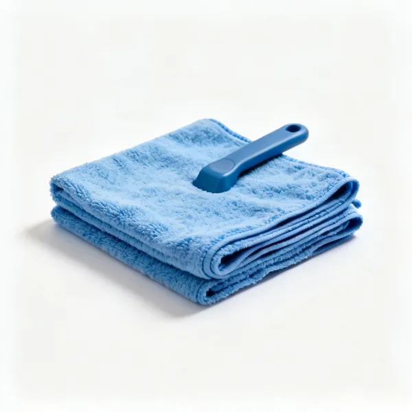 Microfibre cloths: A folded stack of blue microfibre cleaning cloths