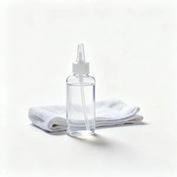 A small bottle of clear plastic polish restorer with a cloth beside it