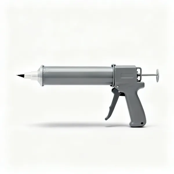 A cartridge of grey roof and gutter sealant with a cut nozzle