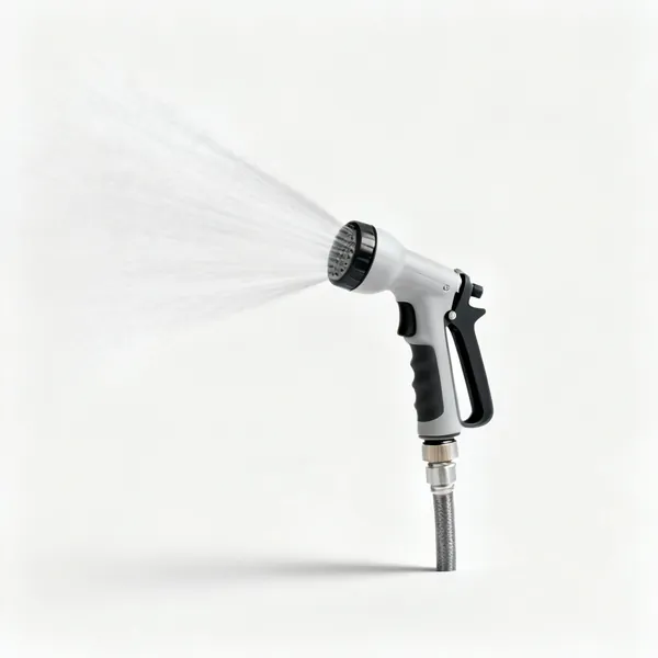 Fan spray nozzle: An adjustable hose spray nozzle set to a wide fan pattern