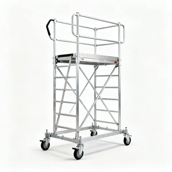 Alloy tower: An aluminium mobile scaffold tower with a platform, guard rails and wheels