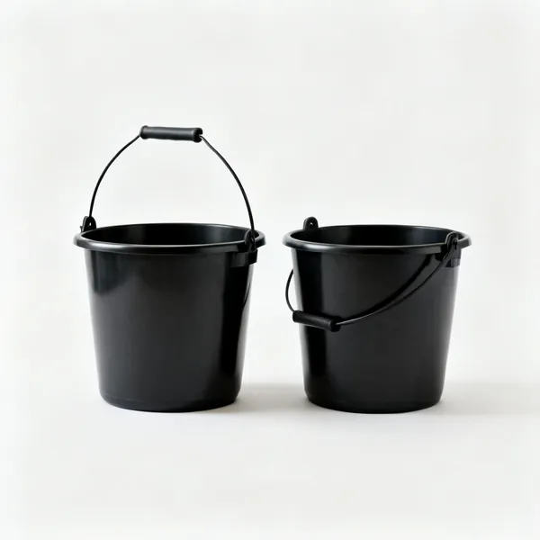 Two black plastic builders buckets side by side