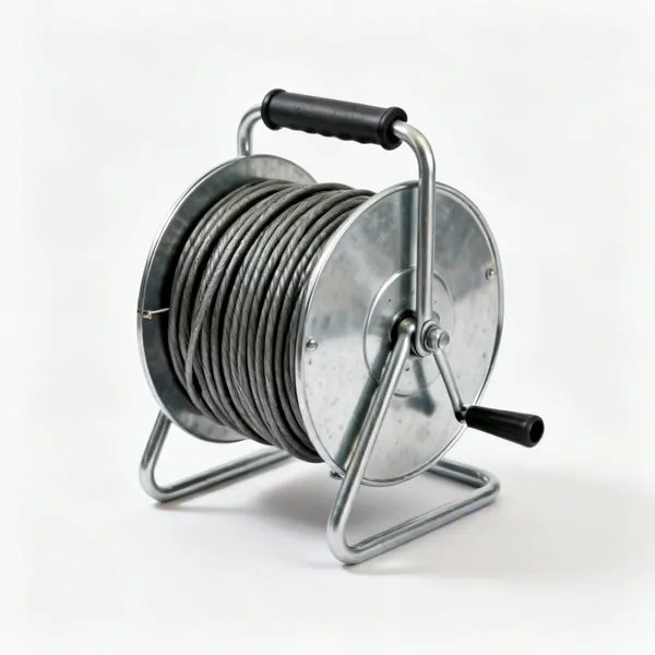 A drum hand drain auger with a metal drum, crank handle and coiled cable