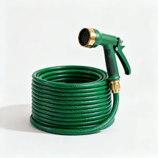 A coiled green garden hose with a brass connector