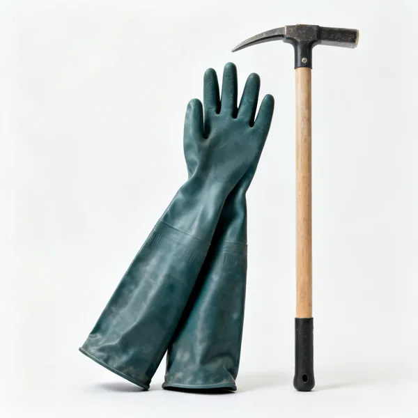 A pair of long cuffed heavy duty rubber gauntlet gloves