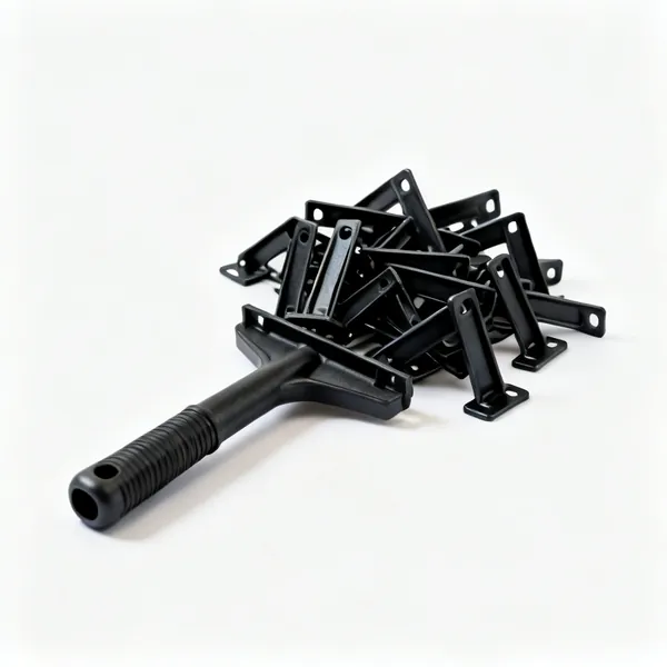 Gutter brackets: A handful of black plastic gutter support brackets