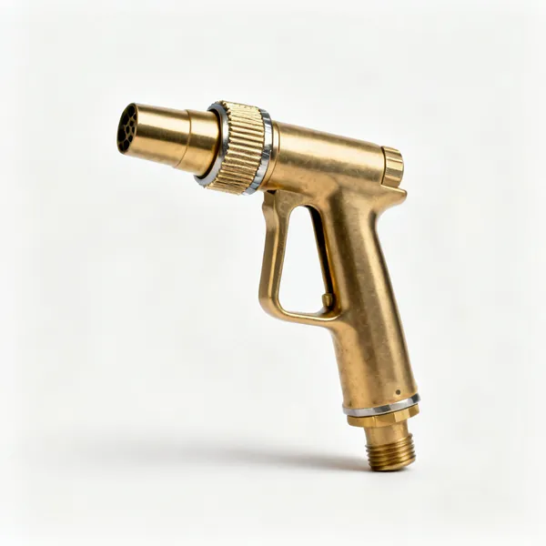 An adjustable brass hose jet nozzle with a knurled collar