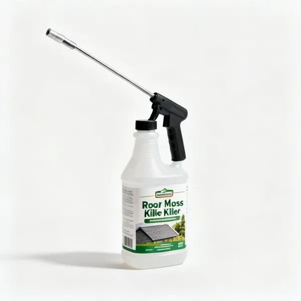 Moss treatment: A plastic bottle of roof moss killer treatment concentrate
