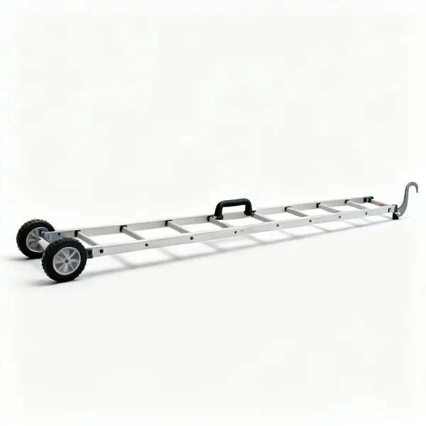 A roof ladder with wheels at one end and a ridge hook, resting flat