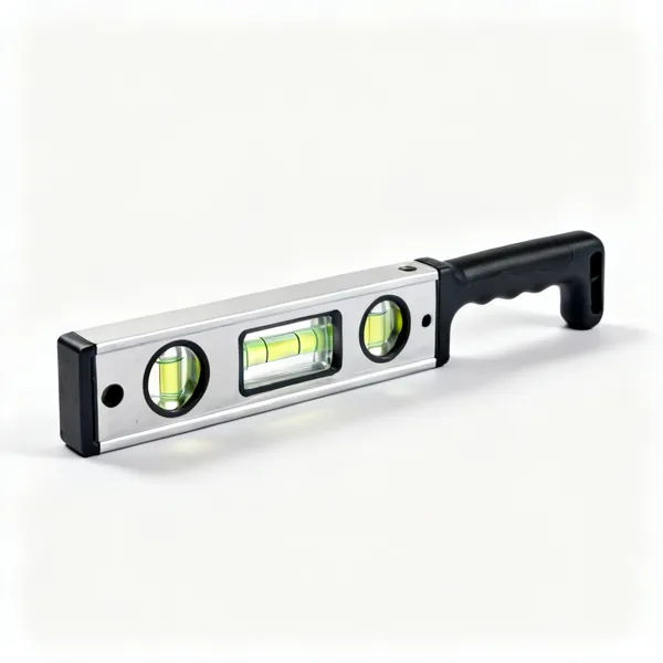 A short aluminium spirit level with glass vials
