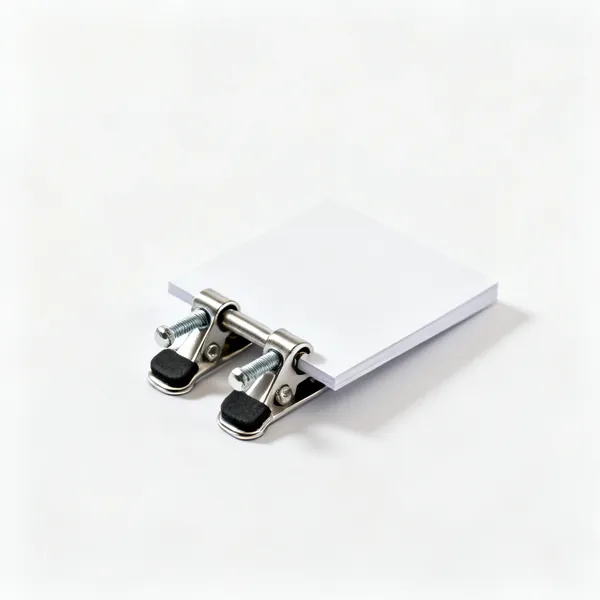 Sheet clamps: A pair of small metal sheet holding clamps with rubber pads and screw handles