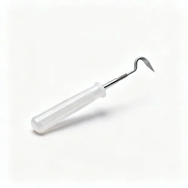A deburring tool with a plastic handle and a small swivelling hooked steel blade