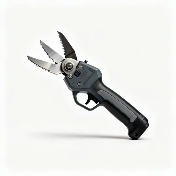 Double cut shears: A double cut power shear attachment head with three cutting blades