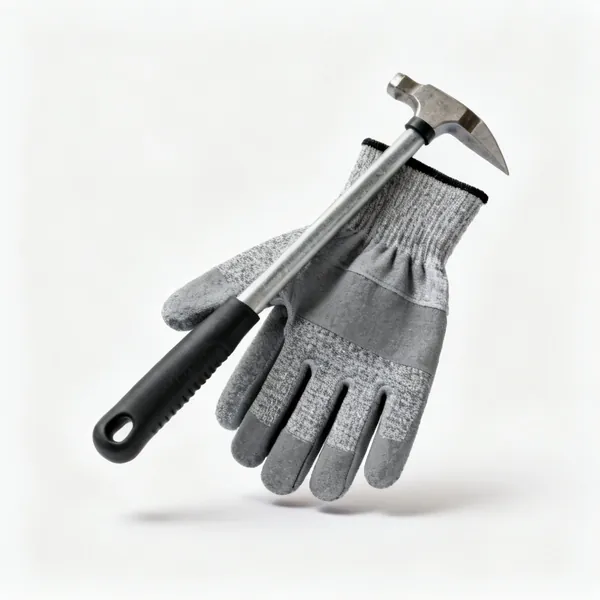 Cut resistant gloves: A pair of grey cut resistant work gloves with coated palms