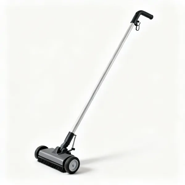 A magnetic sweeper on a long handle with wheels and a release lever