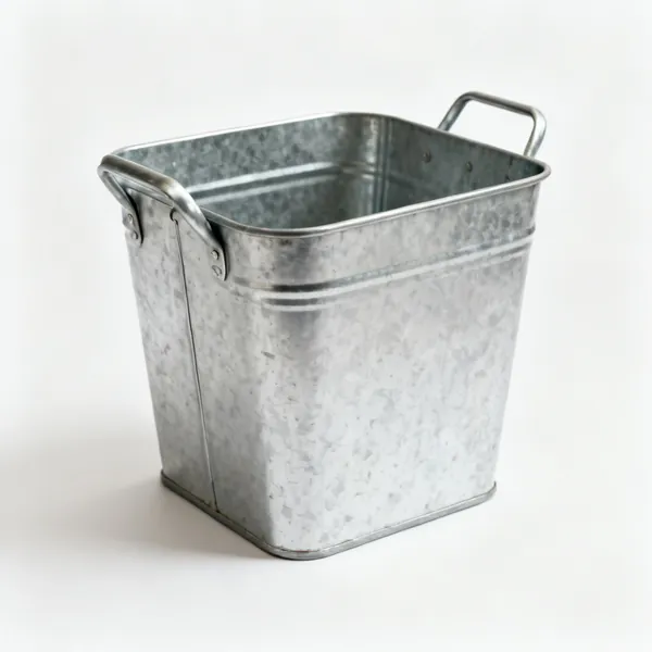 Offcut bin: A galvanised metal offcut collection bin with two handles