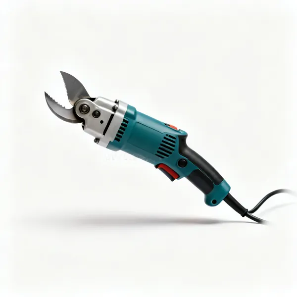 Power shears: An electric power shear tool with a cutting head, pistol grip and power cable
