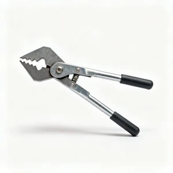 A metal roofing profile cutter tool with a shaped cutting head and handles