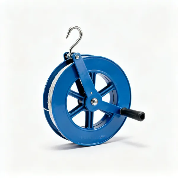 A blue metal chalk line reel with a hook