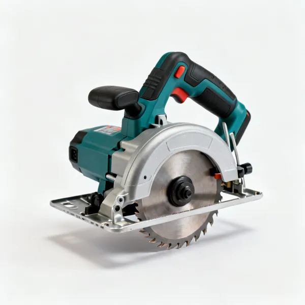 A cordless circular saw with a fine tooth blade and a base plate