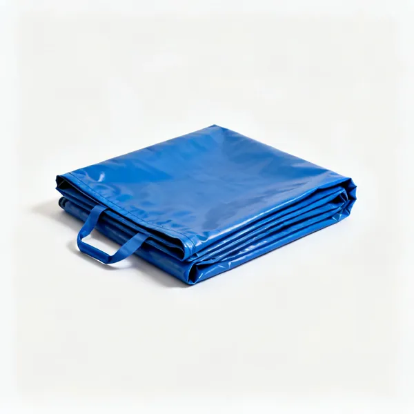 A folded blue tarpaulin ground sheet