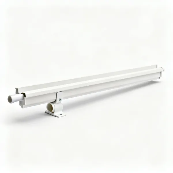 Gutter and fittings: A length of white plastic guttering with a union bracket