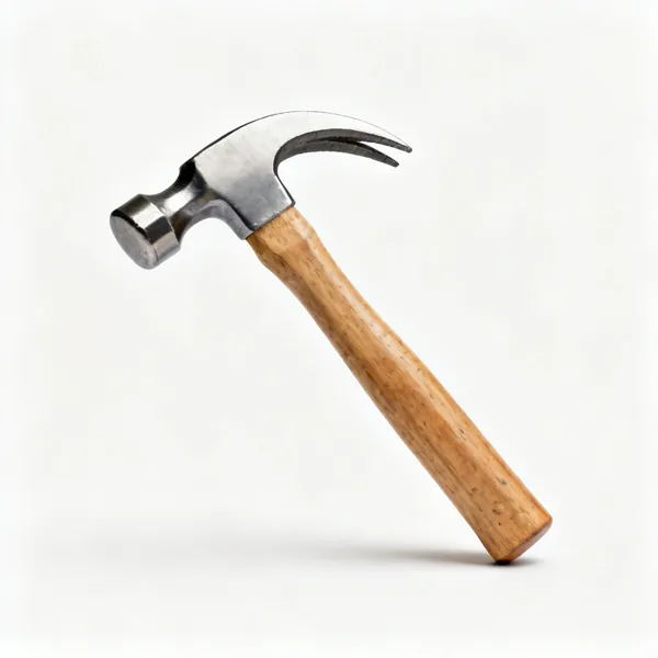 A claw hammer with a steel head, curved claw and a wooden handle