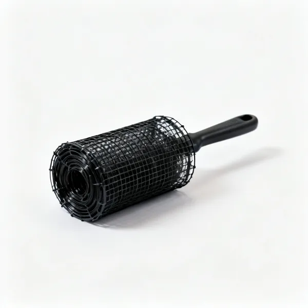A short tightly rolled coil of fine black plastic insect mesh, centred with clear space at every edge