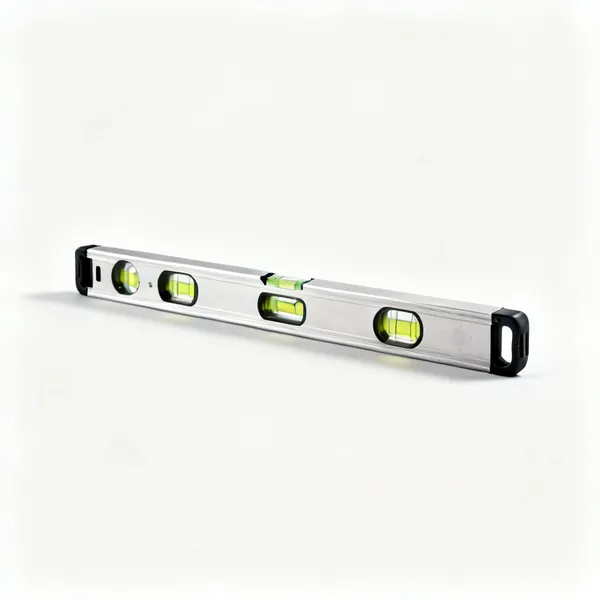 A long aluminium spirit level with three bubble vials