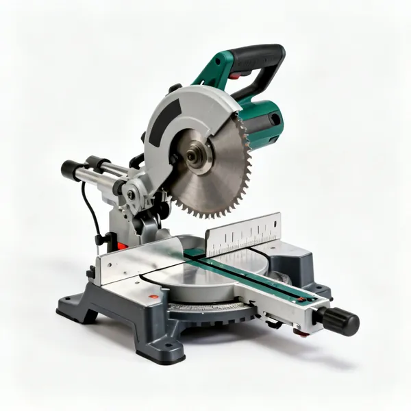 A compound mitre saw with a fine tooth blade and a clamping fence
