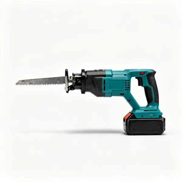 A cordless reciprocating saw with a demolition blade fitted and a battery