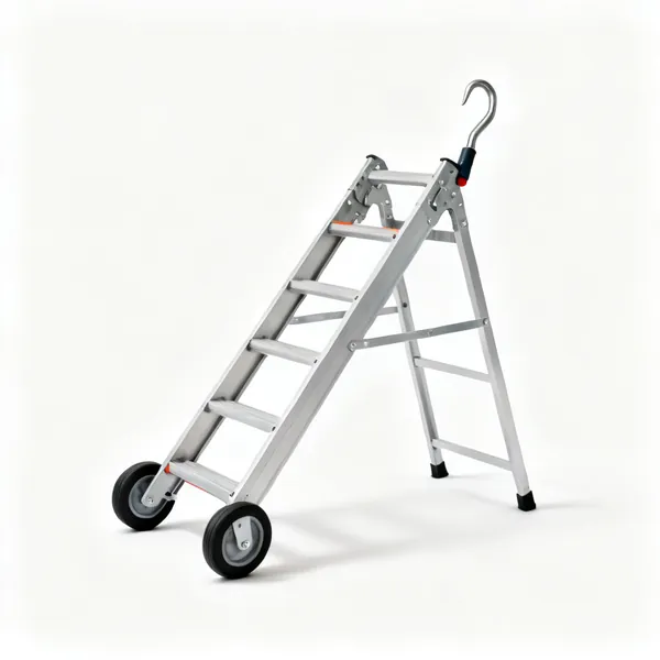 An aluminium roof ladder with a ridge hook and two wheels