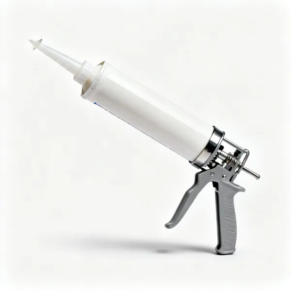 A cartridge of white low modulus silicone sealant with a cut nozzle