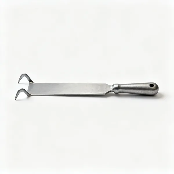 A steel slate ripper with a long flat blade and two hooked notches