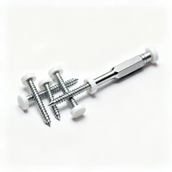 Stainless screws: Several stainless steel screws with white plastic cover caps
