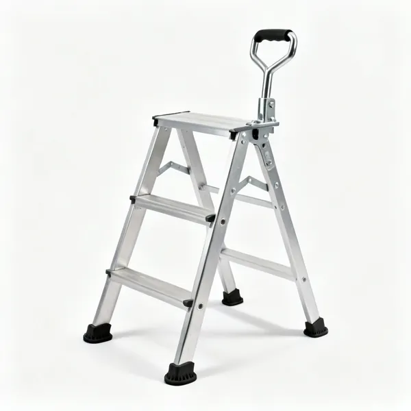 A metal ladder stand off bracket with two rubber feet