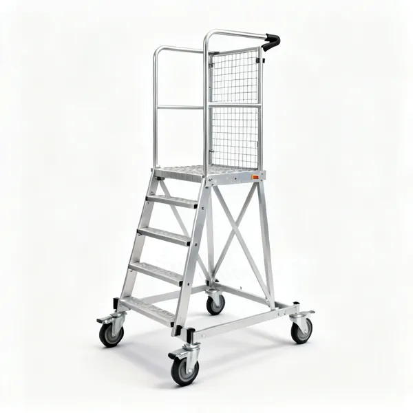 An aluminium mobile access tower with a guarded platform and castor wheels